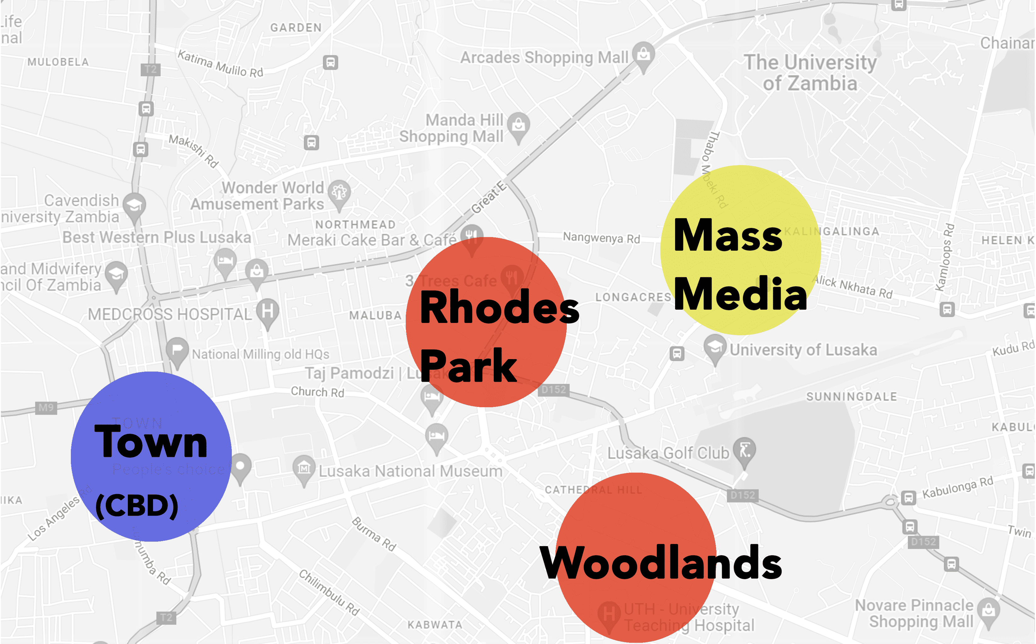 This map highlights the locations of woodlands and Rhodes park.
